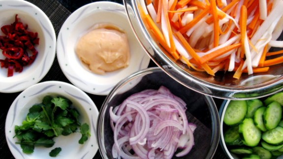 Vietnamese vegetable banh mi mise en place