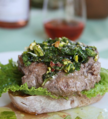 Grilled ground lamb with mint and pistachios